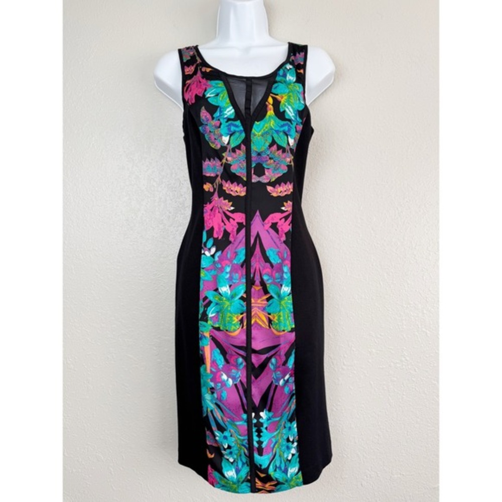 NWT Nicole by Nicole Miller Floral tropical Sheath Dress Black Cutout Back 4